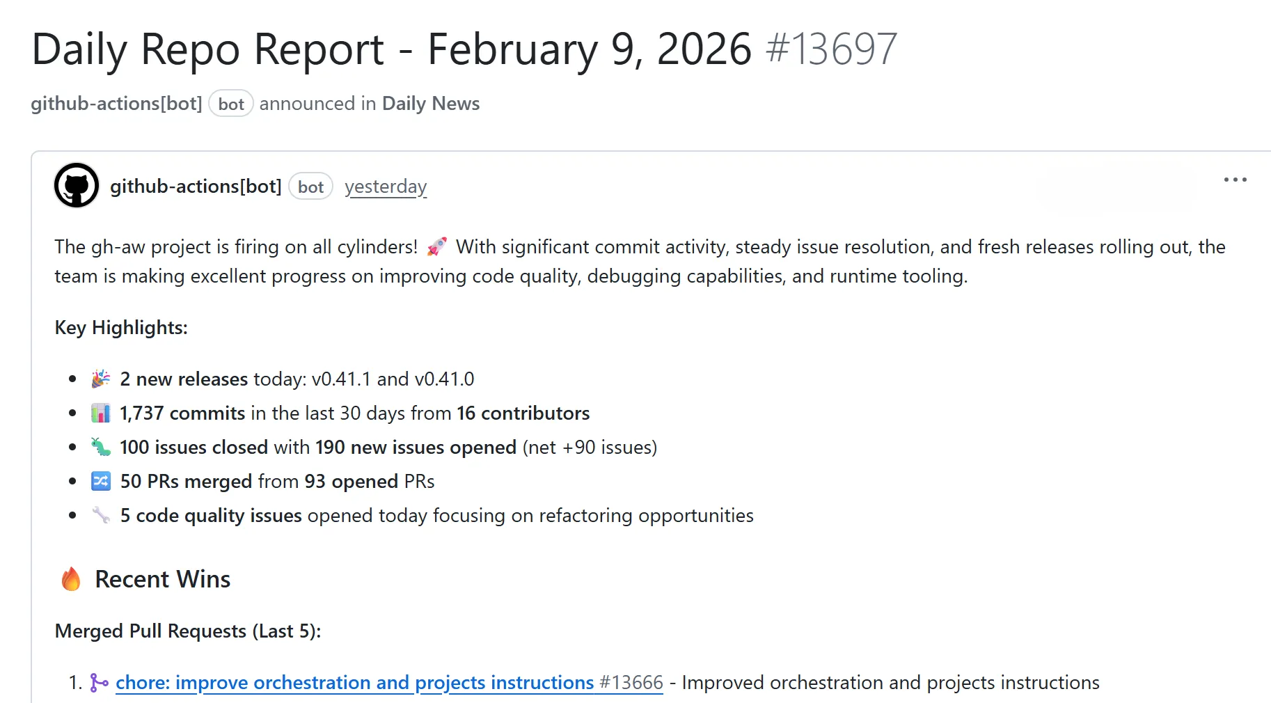 Example of a Daily Repo Status Report issue created by the workflow