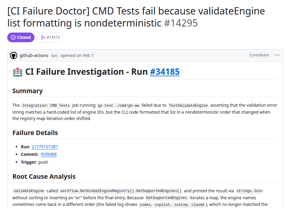 CI Doctor issue diagnosing nondeterministic engine-list formatting in github/gh-aw