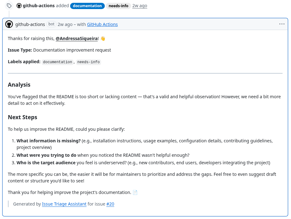 Issue Triage comment classifying a short README report and asking focused follow-up questions